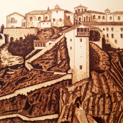 Meteora Pyrography Painting new, linden wood, Triantafyllos Xanthopoulos