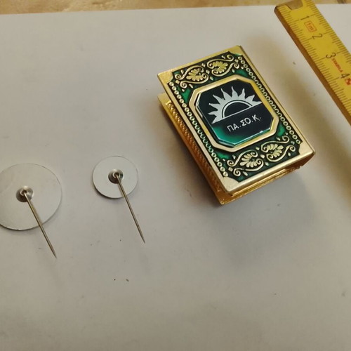 Vintage metal case with enamel for PASOK matchbox and lapel pins used