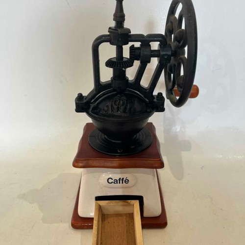 Vintage manual coffee grinder used, porcelain, wood base, cast iron