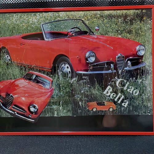 Alfa Romeo Giulietta Spider retro poster "Ciao Bella" with frame and protective glass