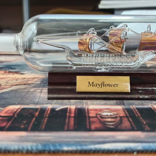 Mayflower decorative ship in glass bottle with wooden base, new