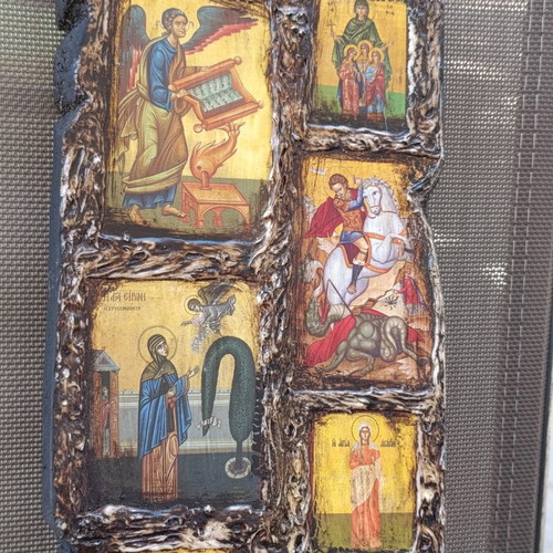 Religious icon composition on wood, 37x14 cm
