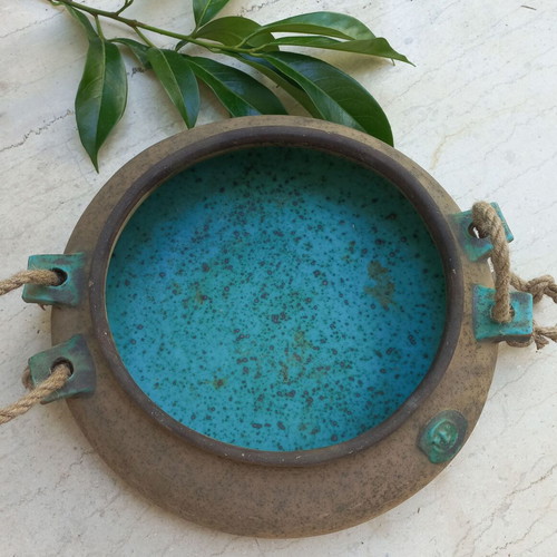 Ceramic platter with rope handles, turquoise interior, like new