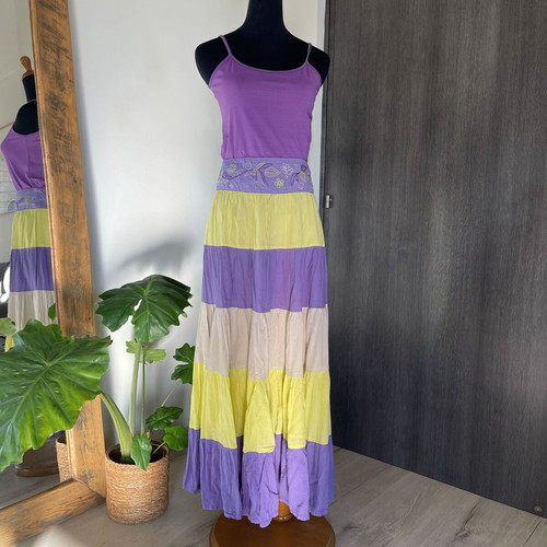 Boho embroidered tiered maxi skirt, purple and yellow