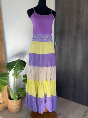 Boho embroidered tiered maxi skirt, purple and yellow