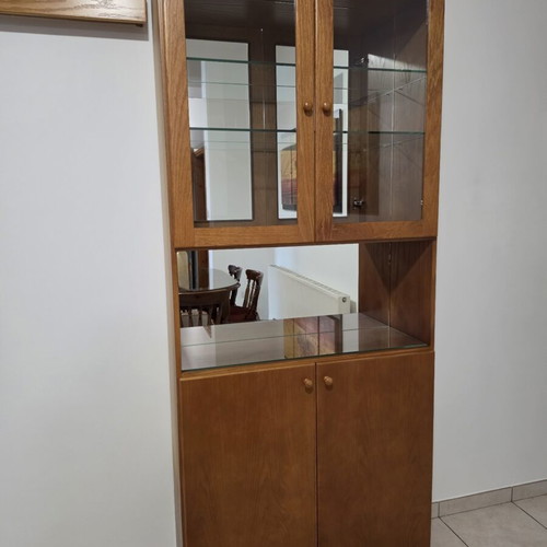 Handmade showcase used, oak wood with glass shelves