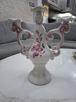 Vintage κεραμικό τριπλό κηροπήγιο 23cm με ροζ λουλούδια και χρυσό, σαν καινούργιο