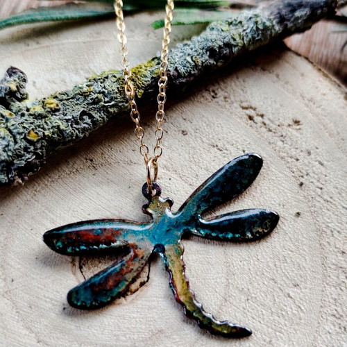 Enameled Dragonfly Necklace Handmade from Scratch, Colorful