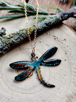 Enameled Dragonfly Necklace Handmade from Scratch, Colorful