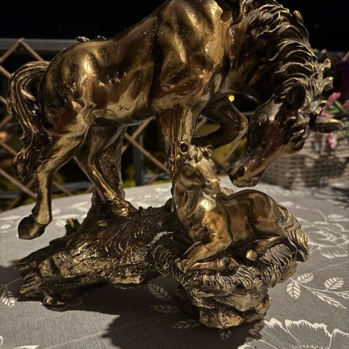 Decorative Horse and Foal Figurine used, bronze with gold patina