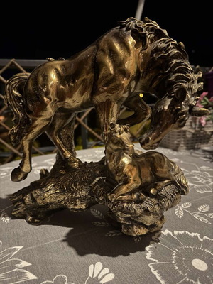 Decorative Horse and Foal Figurine used, bronze with gold patina