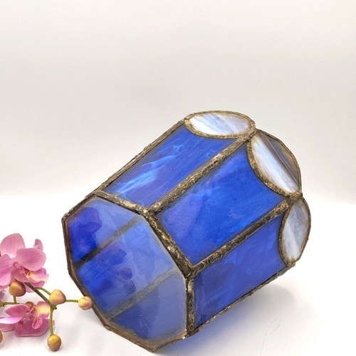 Vintage Dutch decorative candle holder used, blue Tiffany-style glass