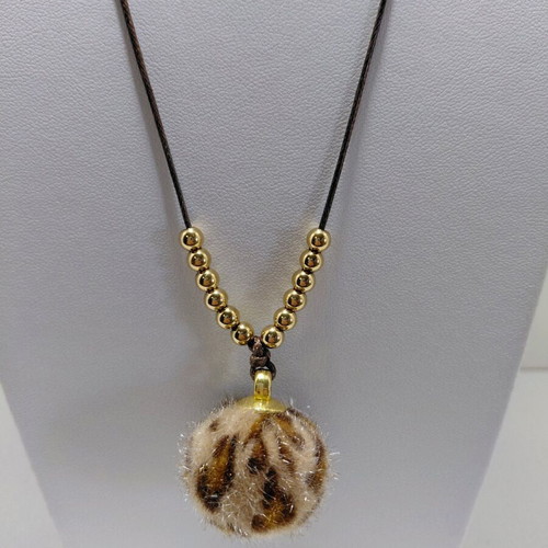 Handmade necklace with fuzzy animal print ball and stainless steel beads
