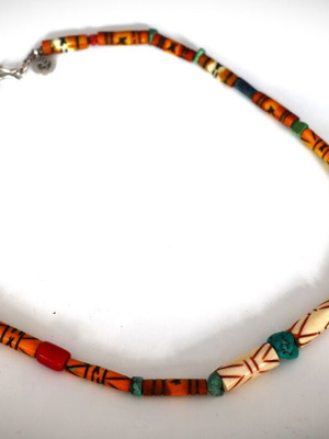 Unisex necklace with earthy materials, carved horn, bone and semi-precious stones