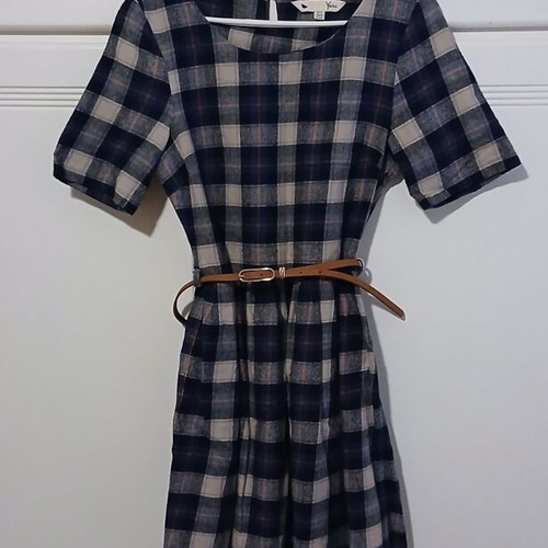 Mini dress Yumi London blue check with white lace hem like new size 40