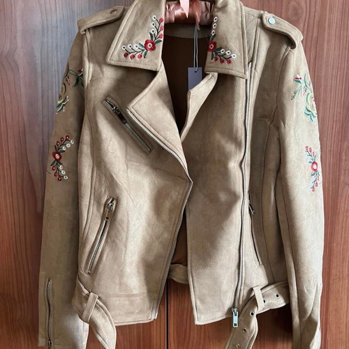 Biker jacket new, vegan suede with embroidery, size S-M