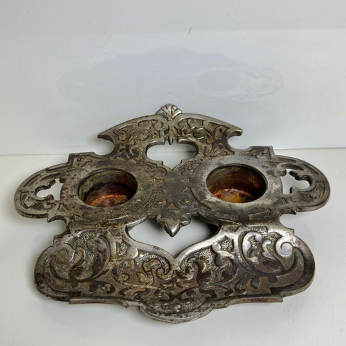 Antique double iron desk inkwell with baroque decoration