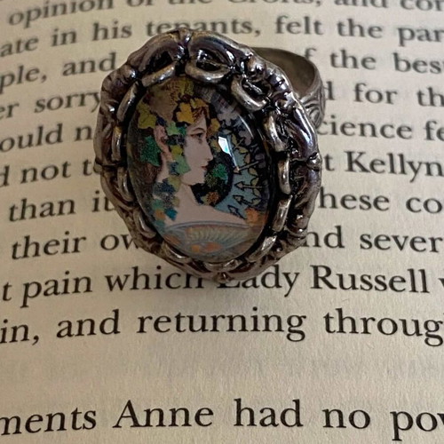 Handmade adjustable antique silver ring with Alfons Mucha art detail