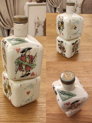 Vintage Floss Le Pire ceramic liqueur bottle used with playing card designs