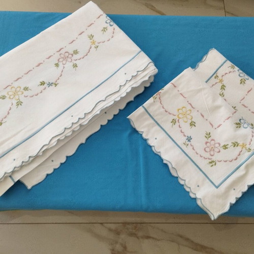 Handmade Double Bed Sheet Set with Pillowcases, Floral Embroidery, Like New