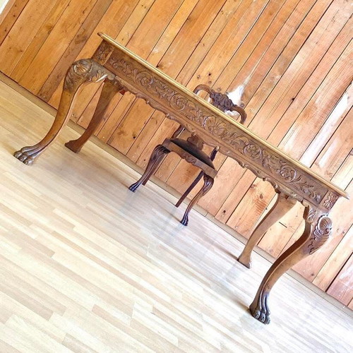 Antique extendable dining table 1960, hand-carved solid wood