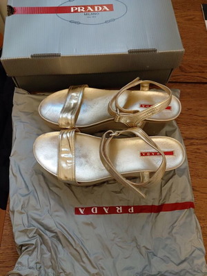 Prada wedge sandals gold like new, leather platform
