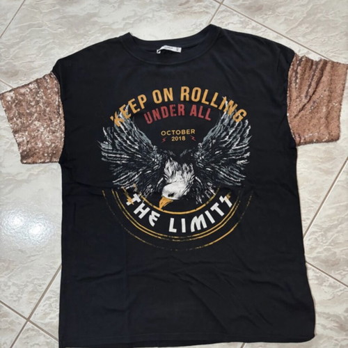 T-shirt with sequined sleeves Pull & Bear used, size S, black