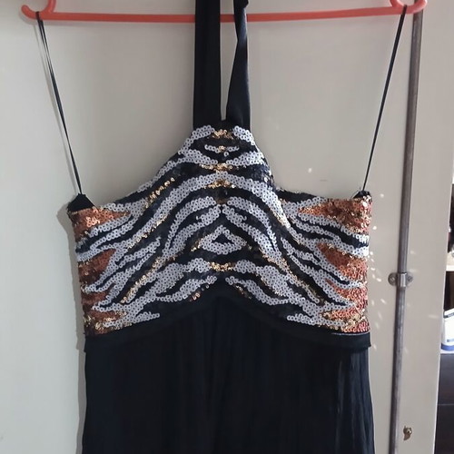 Halter dress Queen Fashion black with sequins and animal print, like new, M