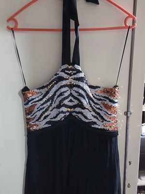 Halter dress Queen Fashion black with sequins and animal print, like new, M