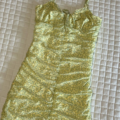 H&M Yellow Green Floral Ruched Dress with Lace New