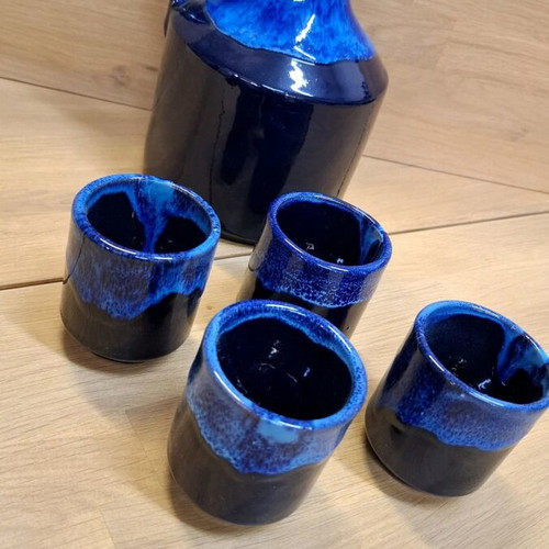 Ceramic wine set handmade, new, blue and black Fat Lava finish
