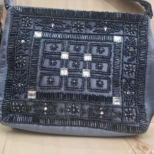 KEM grey satin evening shoulder bag embroidered with beads