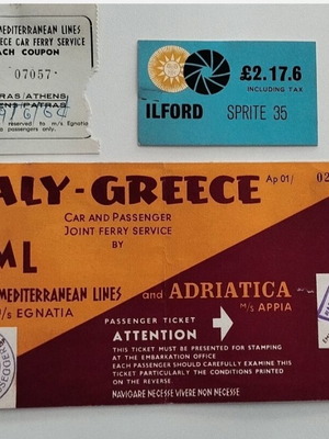 Adriatica Appia εισιτήριο επιβάτη πλοίου Ιταλία-Ελλάδα και κουπόνι λεωφορείου 1964 μεταχειρισμένα