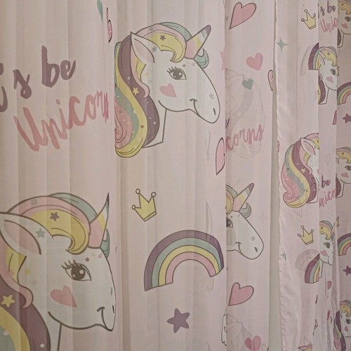 Curtain with rings voile pink with unicorn design, like new, set of 2