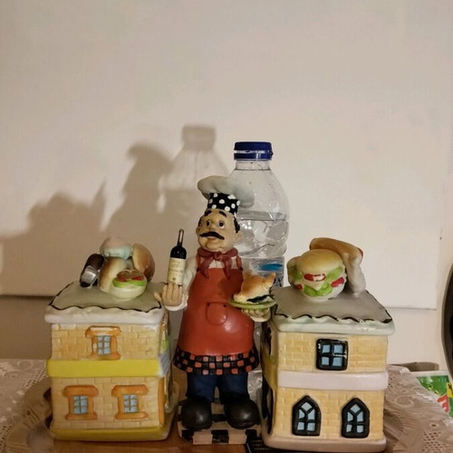 Kitchen spice set like new with ceramic jars and bamboo wooden tray