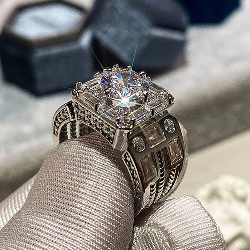 Art Deco Men's Ring with Cubic Zirconia New, Silver Plated Metal