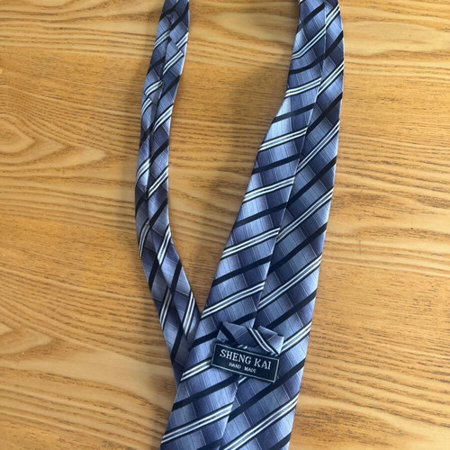 Sheng Kai silk tie, blue and grey striped, hand made