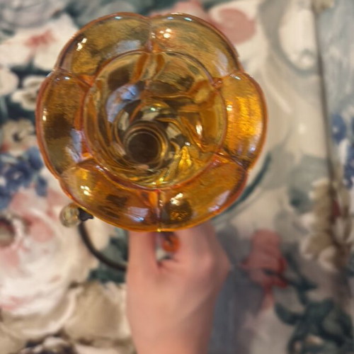 Vintage candlestick with amber glass holder and metal details like new