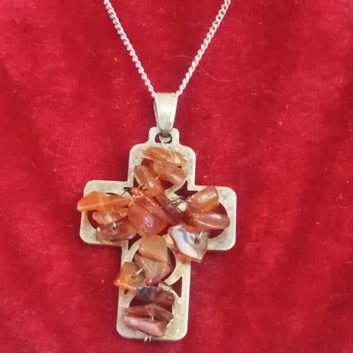 925 cross necklace with amber chips, 42cm chain