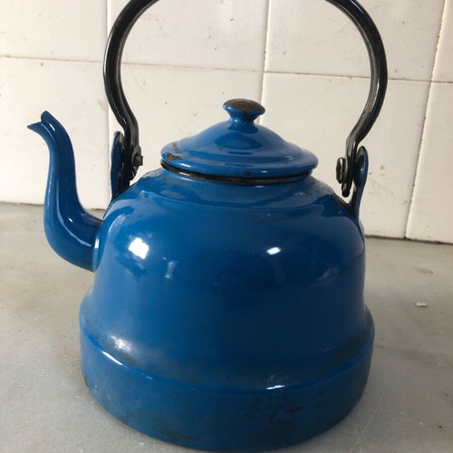 Enamel cookware set used, teapot and pot