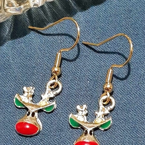 Reindeer earrings new, stainless steel, red and green