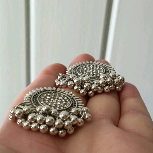 Mandala women's earrings new, oxidized silver finish, steel with moving beads