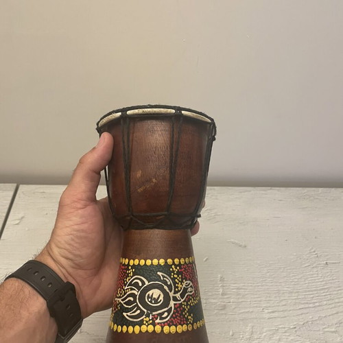 Djembe drum used, handmade African percussion with decorative ethnic design