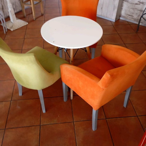 Fabric chairs used, 6 pcs, 2 small tables and 4 handmade painted wooden tables