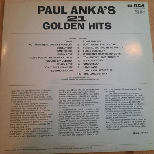 Paul Anka 21 Golden Hits βινύλιο μεταχειρισμένο, pop