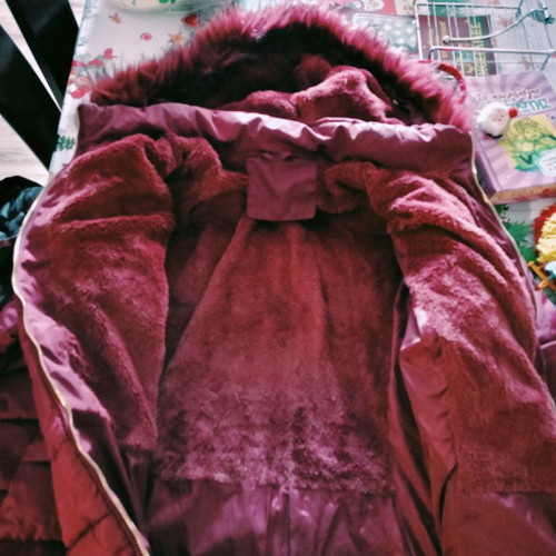 Long jacket used burgundy with belt and removable fur