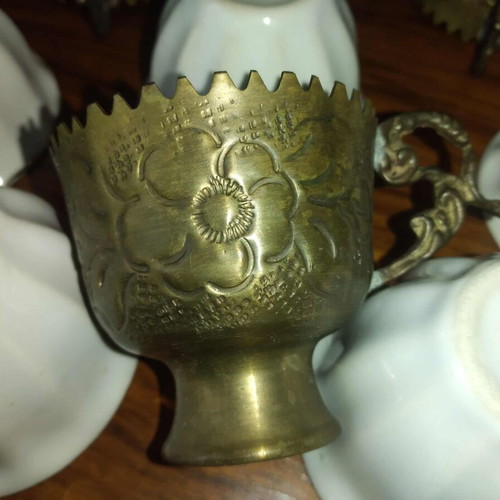 Vintage brass cups with porcelain used, set of 6 pieces