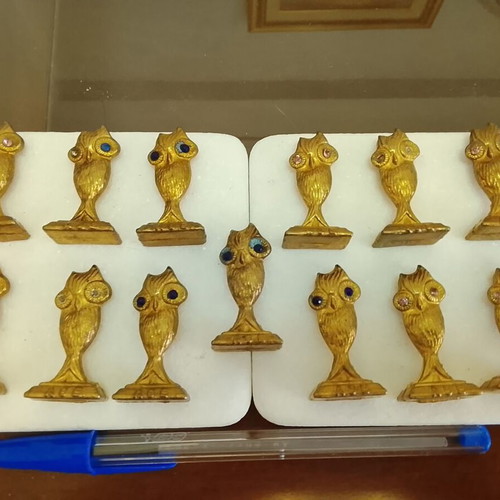 Set of 13 vintage medium bronze Athena owls used