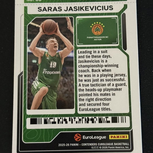 Panini Euroleague Contenders 2025-26 Saras Jasikevicius card Panathinaikos