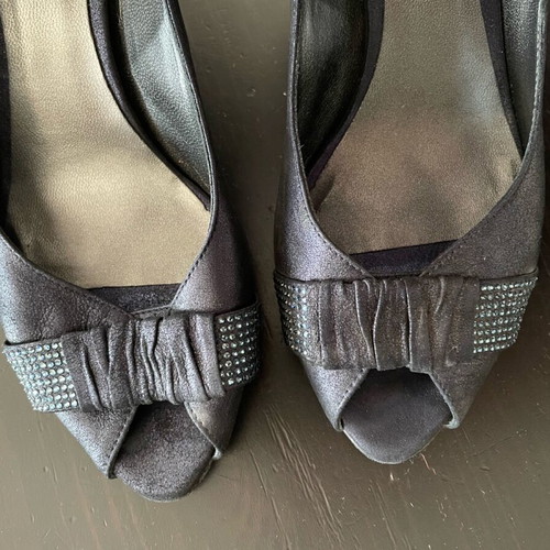 Peep-toe shoes J. Bournazos used, blue satin with strass, size 39